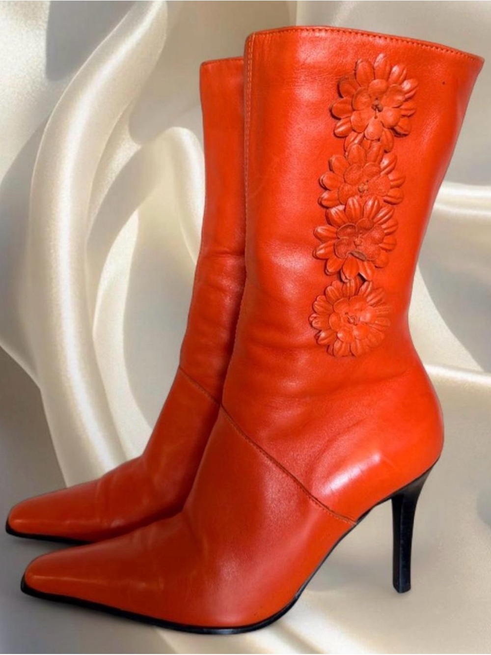 Orange Leather Mid-Calf Stiletto Boots with Floral Detail